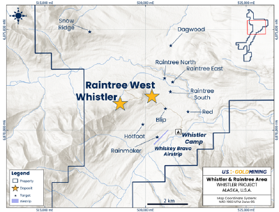 Figure 1 - Location map of the northern Whistler Project highlighting the Whistler and Raintree West deposits. (CNW Group/U.S. GoldMining Inc.)