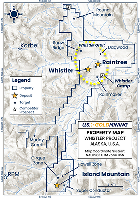 Figure 1 – Plan map of the Whistler Project showing the location of the Whistler, Raintree and Island Mountain gold-copper-silver deposits which cumulatively make up the Whistler MRE. (CNW Group/GoldMining Inc.)