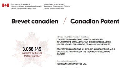 NeuroSense Therapeutics Ltd. Canadian patent grant letter, number 3,068,149