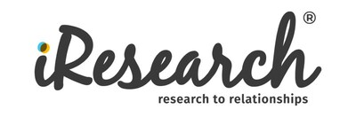 iResearch Services logo featuring the word 'iResearch' in a modern, handwritten-style font. The dot of the 'i' incorporates a small circular design with blue, yellow, and black accents. Below, the tagline 'research to relationships' is displayed in a clean, sans-serif font. The logo is black and white with a registered trademark symbol at the top right. (PRNewsfoto/iResearch Services)