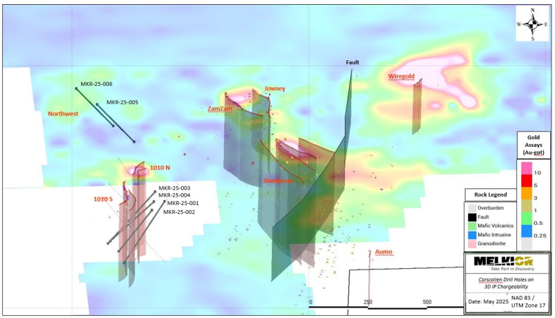 Figure 5: Proposed Drill holes on IP Chargeability Map, which shows mineralised zones and gold assay distribution from historic drilling.