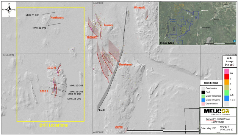Figure 2: Carscallen Drill Hole Map overlaid on Lidar Topography Image, highlighting known mineralized zones from past drilling. The yellow box represents the priority area for exploration drilling.