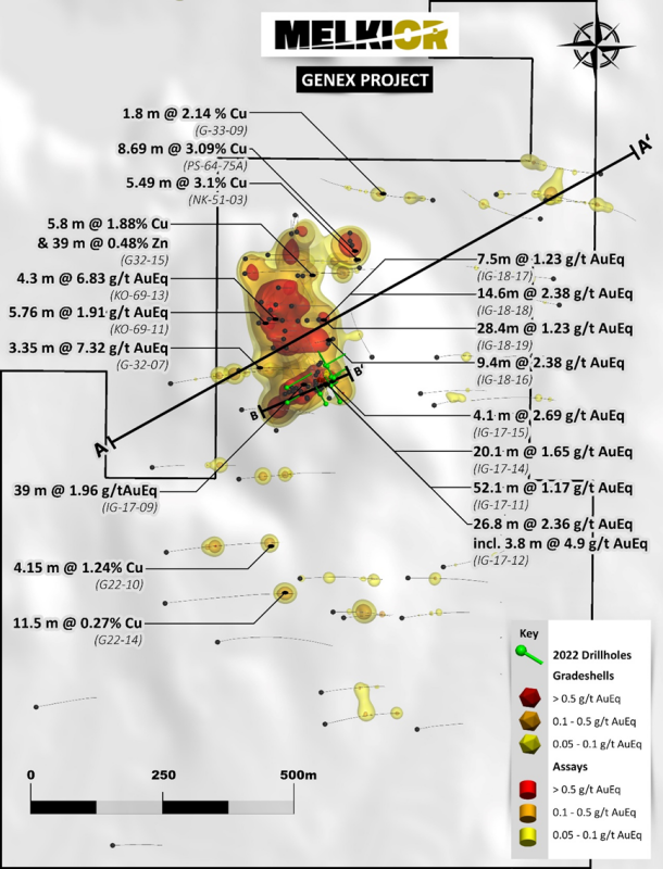 Figure 3: 3D Plan view of the Genex Gold-Copper system. Leapfrog software grade shells using inverse distance interpolation of a gold equivalent grade for gold + copper + zinc + silver