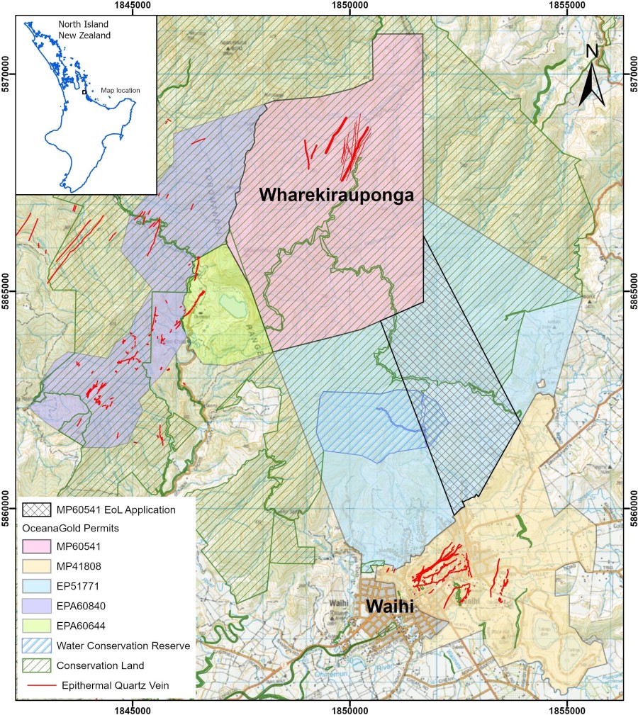 Figure 1: Location Map showing Waihi Gold Mine, WKP and permits held by OceanaGold Note: MP60541 Extension of Land (EoL) is as proposed and subject to New Zealand Petroleum and Minerals approval. (CNW Group/OceanaGold Corporation)