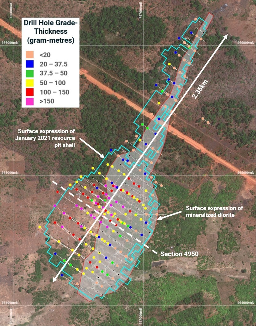Figure 1: Drill hole plan view map showing grade-thickness. (CNW Group/Montage Gold Corp)