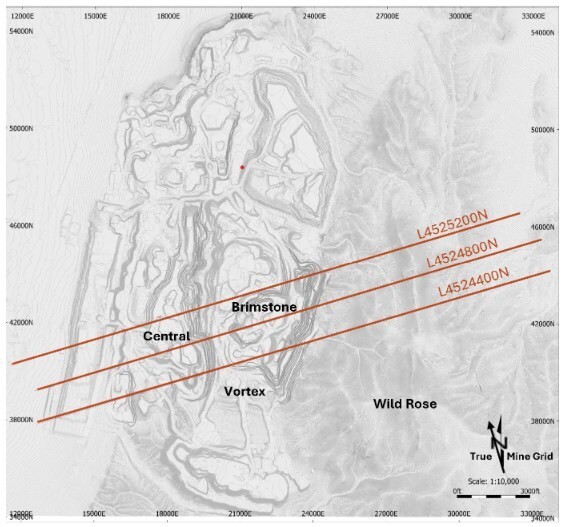 Figure 1: Geophysics lines through Brimstone. Lines are due east-west