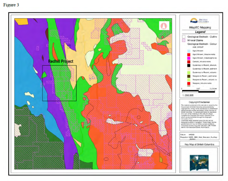 Figure 2: Regional geological map of the Redhill Property, located near Ashcroft, British Columbia, showing mineral claims and surrounding lithological units (source: iMapBC).
