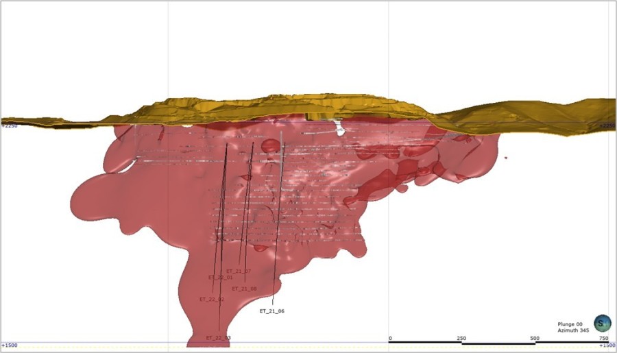 Figure 1 – 3D Longitudinal View of the Avino Vein showing the drill hole locations and a projection of the mineralization coloured in red. (CNW Group/Avino Silver & Gold Mines Ltd.)