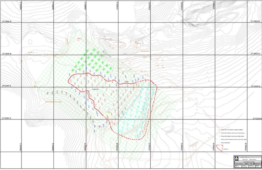 Figure 1 shows the oxide tailings in plan view with the drill holes in Black from the 2022 drill program, the drill holes in Red and Blue from the 2021 program, the green indicates holes that may still be drilled, and the drill holes in light blue from the 2015/2016 program. (CNW Group/Avino Silver & Gold Mines Ltd.)