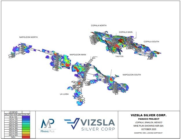 Figure 1: Proposed stope shapes by NSR ($US/t) for the Panuco Project (CNW Group/Vizsla Silver Corp.)
