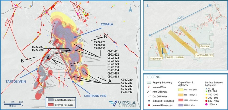 Figure 1: Plan map of recent drilling centered on the Copala structure. (CNW Group/Vizsla Silver Corp.)