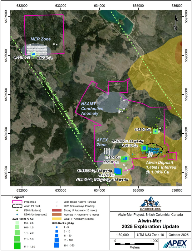 Figure 1: Mer and Alwin Mine Property Rush Surface Rock Sample Results