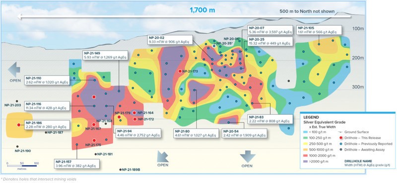 Figure 1: Longitudinal section from the main Napoleon prospect with all holes labelled and selected intersections shown. (CNW Group/Vizsla Silver Corp.)