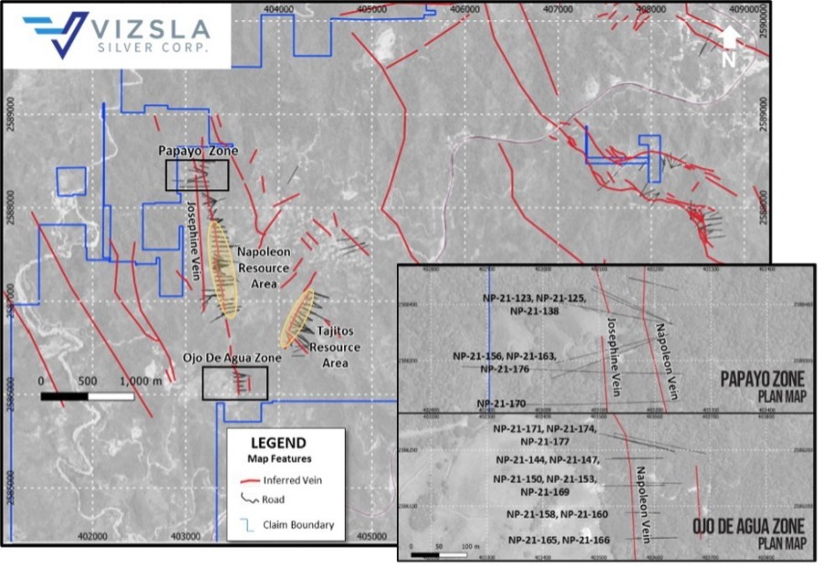 Plan map showing the location of recent drilling at Papayo and Ojo de Agua, relative to Napoleon resource area drilling. (CNW Group/Vizsla Silver Corp.)