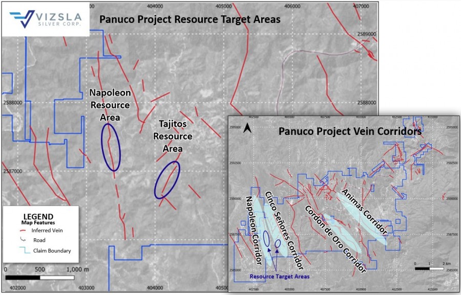 Figure 1: Plan map showing location of resource area drilling at Napoleon and Tajitos. Inset of the greater Panuco property package highlighting the four main vein corridors (blue ellipse) currently being explored by Vizsla. (CNW Group/Vizsla Silver Corp.)