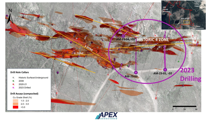 Figure 3: Plan Map of Surface Expression of Alwin Mine 3D Compilation Showing >1.5% Copper Mineralization Vein Model and 2023 drill hole locations