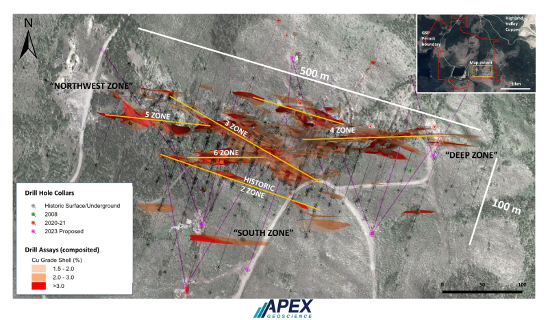 Figure 1: Plan Map of Surface Expression of Alwin Mine 3D Compilation Showing >1.5% Copper Mineralization Vein Model and Potential 2023 Drill Targets