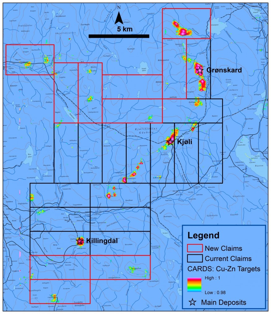 Figure 1. Kjøli property expansion covers 11 new copper-zinc targets. (CNW Group/Capella Minerals Limited)