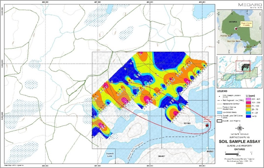 Figure 1 Superb Lake 2021 soil sampling map with contoured lithium assay results. 