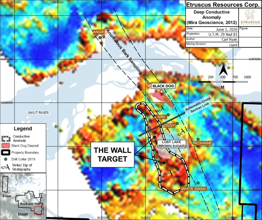 Plan View Map of Deep Conductive Anomaly - The Wall Target (CNW Group/Etruscus Resources Corp.)