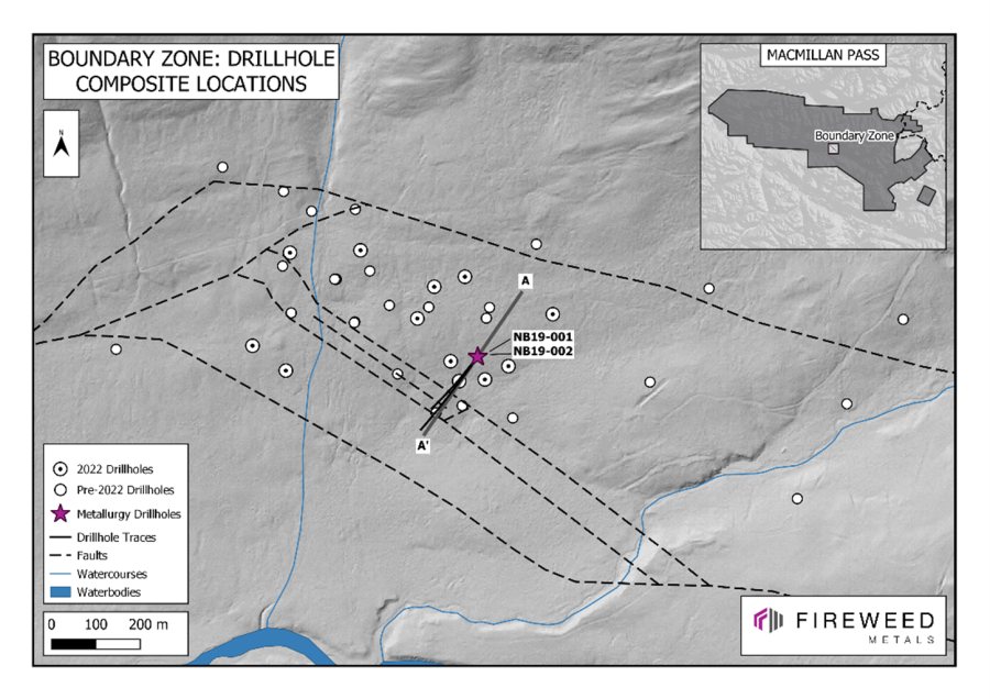 Map 1: Location of Boundary Zone, Cross Section A-A’ and sampled drill holes.