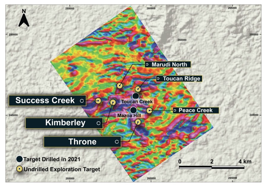 Figure 1: Location of district scale target areas, Marudi Project. (CNW Group/Golden Shield Resources)