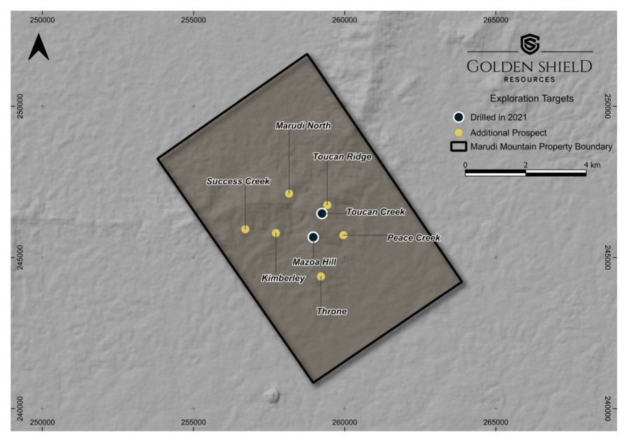 Figure 1 - Marudi Project Map, prospects so far identified (CNW Group/Golden Shield Resources)
