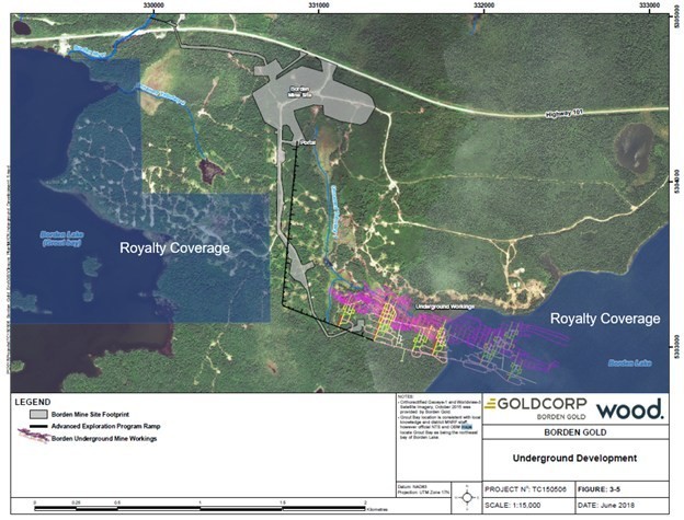 Figure 1: Surface image taken from the Borden Mine Closure Plan Report4 showing a projection of planned mine development. Underground workings are shown extending to depth to the southeast on the Company’s Royalty. Numerous drill pads located on the Company’s Royalty can be seen to the northwest of the mine development. An overlay (dark blue) has been added to illustrate claims subject to the Royalty. Read more: Gold Royalty Corp. news release dated July 5, 2022 (CNW Group/Gold Royalty Corp.)