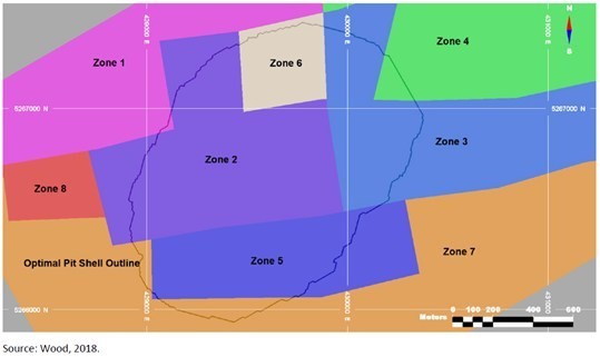 Figure 1: Planview map superimposing royalty coverage and the proposed open pit outline (Reference: Côté Technical Report) (CNW Group/Gold Royalty Corp.)