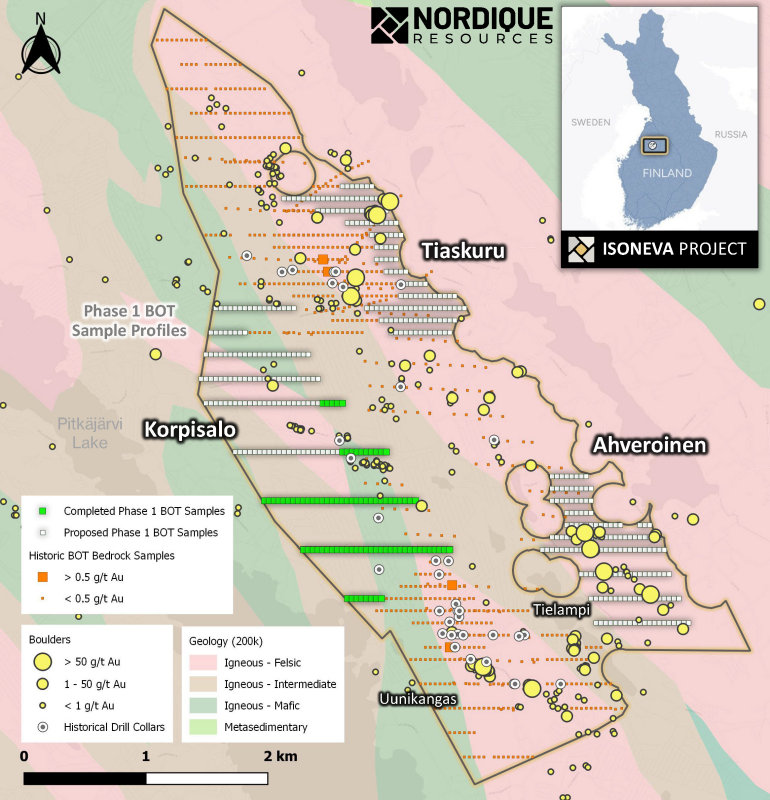 Figure 1: Isoneva Phase 1 Base of Till (BOT) drill sample locations to date
