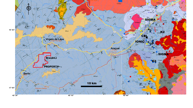Claims map of the Brasil-Li Lithium Property in relation to CBL and SIGMA. Salinas Formation in blue, intruding granitoids in various shades of pink to red (After CPRM Geology Map, 2016).