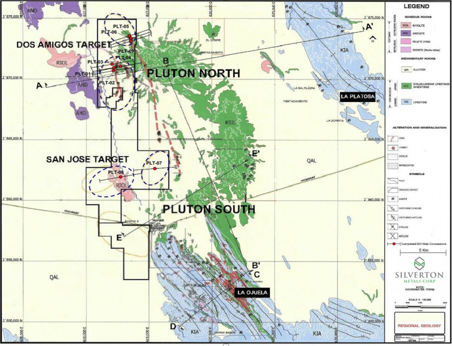 Figure 1. Geology and mineralization of the Ojuela-Mapimi, Platosa, Pluton mining district showing Pluton’s target areas (discontinuous black-line ellipses) and property limit (continuous black line). The horizontal projection of the Ojuela deposits is shown in red color, productive limestones are shown in blue, overlying, less-reactive to barren clastic rocks (shales, siltstones) are shown in green. Extensive alteration of the clastic rocks, which results in hornfels, is also shown in green. Alluvial cover is in yellow.