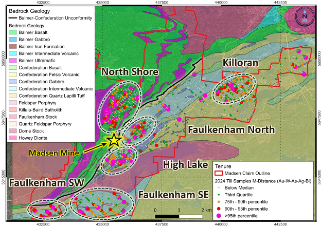 Figure 1. Map showing anomalous areas defined through 2024 surface till sampling and characterized by Au-W-As-Ag-Bi geochemical signature