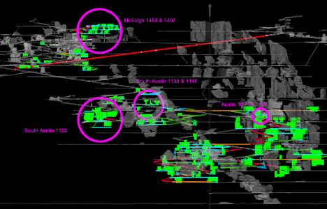 A section view of the Madsen project with the four target areas for the test mining and bulk sample program noted. 