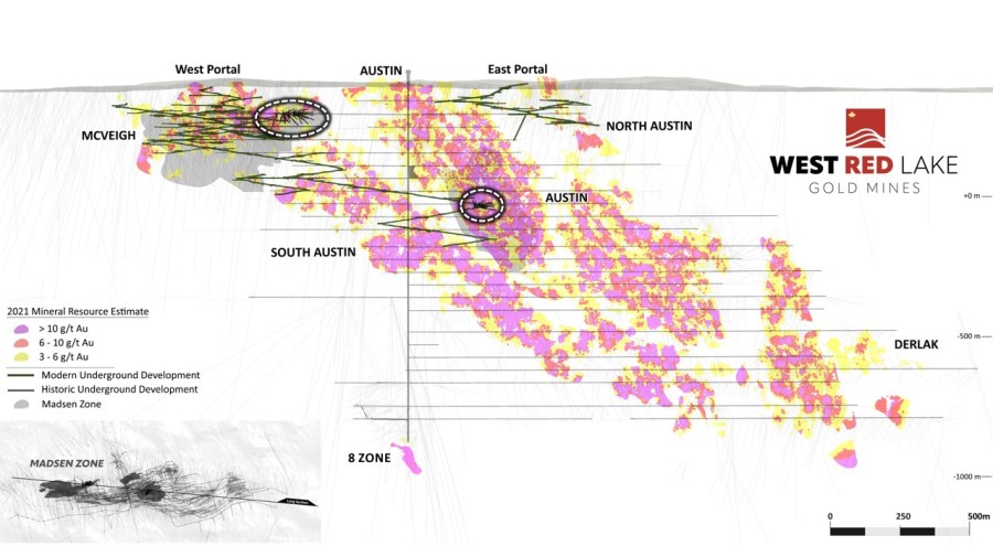 Madsen Mine long section showing location of 01-4081 and 09-4796 Drill Bays in McVeigh and Austin Zones, respectively.