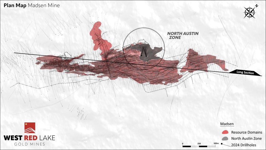 Deposit-scale plan map of Madsen Mine highlighting North Austin Zone and drill traces