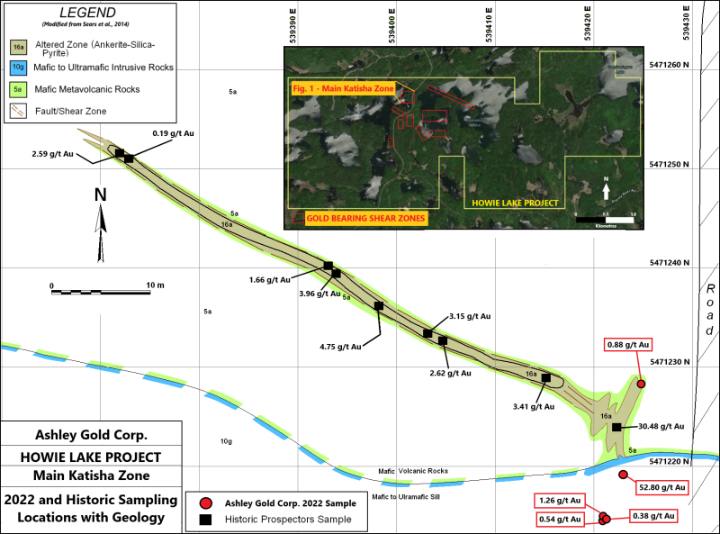 Figure 1: Howie Lake Project Overview Inset with Main Katisha Zone Sample Locations and Results
