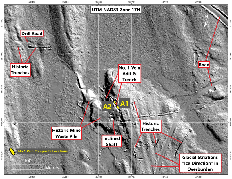 Figure 1: LiDAR Image with the Historic Ashley Mine and No. 1 Vein Trench Exposure Sampling (A1 and A2)