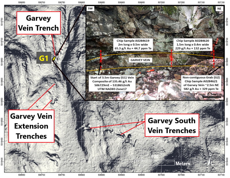 Figure 1: LiDAR Image of Garvey Vein Trenches with Sampling and Assay Results (Inset)