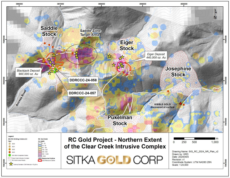Figure 3:&nbsp;Plan map of the Northern Extent of the Clear Creek Intrusive Complex where several drill intervals and surface samples have demonstrated the high-grade nature of the Reduced Intrusion Related Gold System present. Yellow stars indicate where outcrop rock samples of drill hole intervals have returned >10 g/t gold. Several additional targets with the potential to host intrusion related gold deposits of significant size and grade have yet to be drilled within this approximately 3 km x 5 km area. The Saddle Zone target area remains largely untested by drilling and contains the largest and strongest gold-in-soil anomaly on the property.