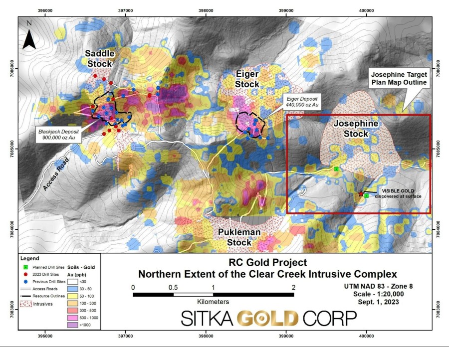 Figure 1: Northern portion of the Clear Creek Intrusive Complex showing the location of the Josephine intrusion in relation to the Blackjack and Eiger Deposits. (CNW Group/Sitka Gold Corp.)