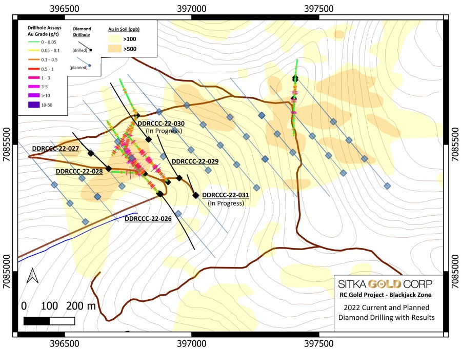 Figure 1: Completed and Proposed Step-out Drilling at the Blackjack Zone (CNW Group/Sitka Gold Corp.)