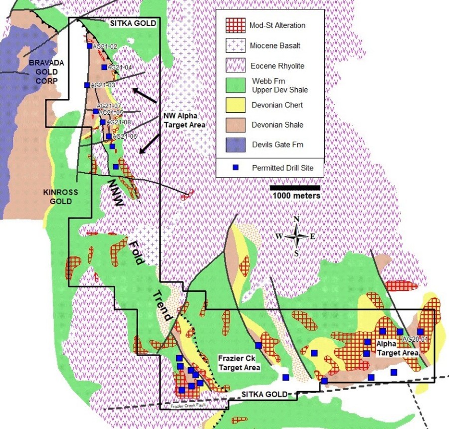 Figure 1: Alpha Gold claims, drill hole locations and structural geology (CNW Group/Sitka Gold Corp.)