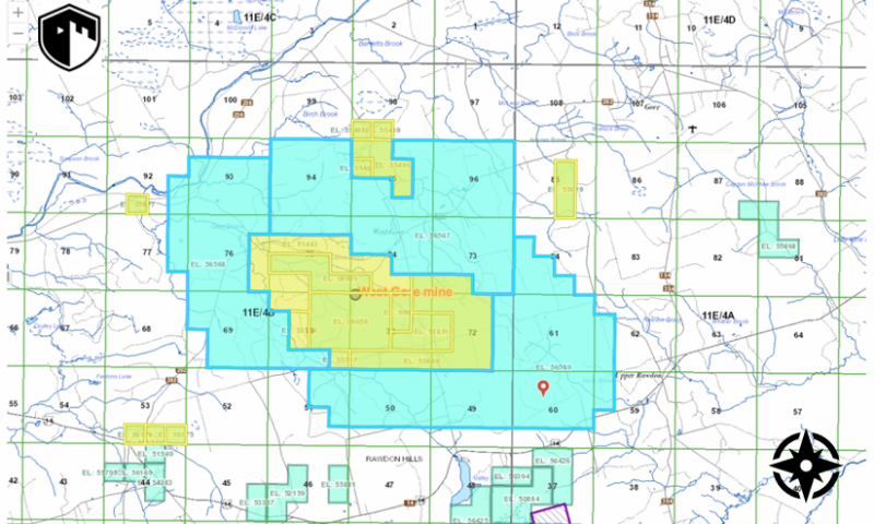 Figure 1: Map showing Armory claims (blue) and Military Metals claims (yellow) encompassing the past producing West Gore antimony-gold mine