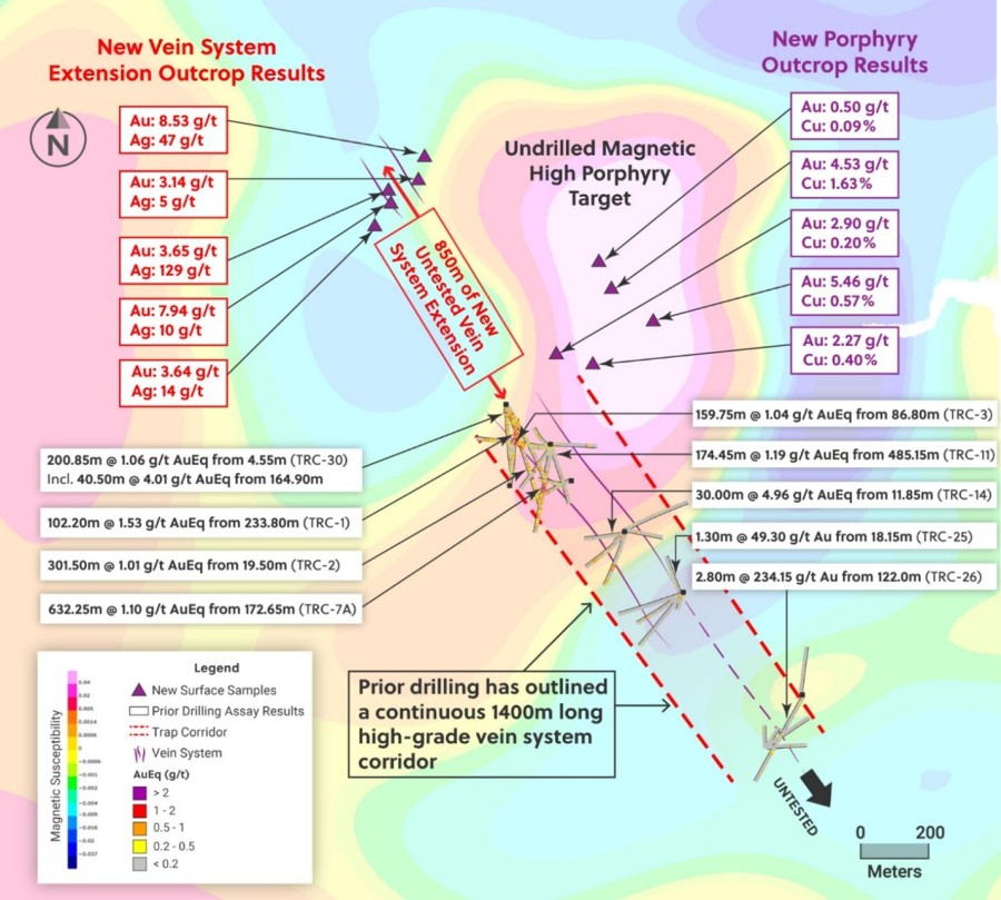 Figure 1: Plan View of the Trap Target Highlighting the Undrilled Northwestern High-Grade Vein Zone Extension and the Undrilled Magnetic High Porphyry Anomaly (CNW Group/Collective Mining Ltd.)