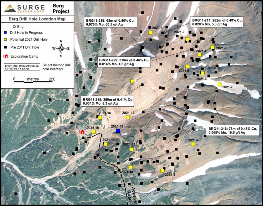 Figure 1. Plan map of drill hole locations for 2021 Berg drill program. (CNW Group/Surge Copper Corp.)