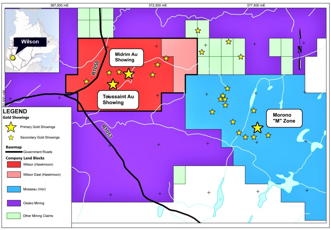 Figure 1: Map of the Wilson Property showing the various gold showings (Graphic: Business Wire)