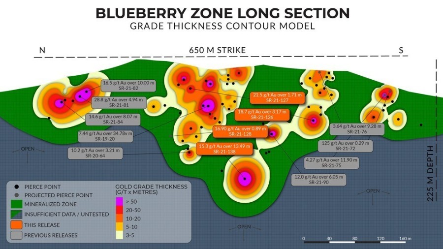Figure 1: Grade thickness interpolated contour model of the Blueberry Zone. The contours are based on the drill hole intercepts and do not represent true thicknesses. Drilled pierce points are displayed to provide some context relating to the drill hole density and the impact of interpolation in areas of little to no drilling. The model has an average thickness of ~15 metres and the viewed window is ±50 metres. (CNW Group/Scottie Resources Corp.)