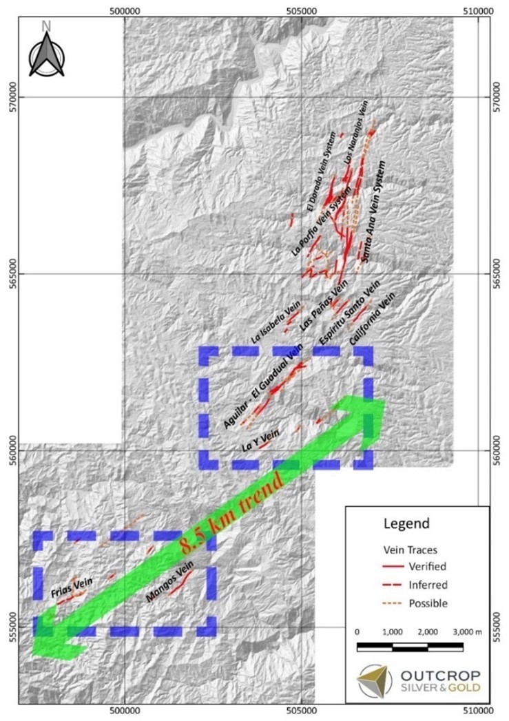 Map 1. The Frias-La Ye trend can be traced in outcrop for approximately 8.5 kilometres to the Frias mine area. (CNW Group/Outcrop Silver & Gold Corporation)