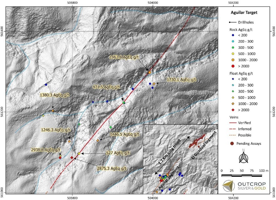 Map 1. The Aguilar vein can be traced for 1,000 metres in outcrop and float (CNW Group/Outcrop Silver & Gold Corporation)